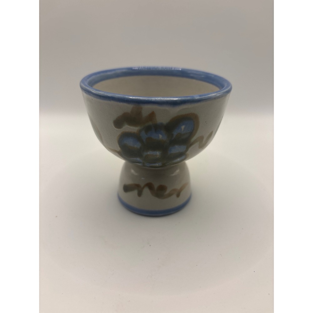 Handmade Studio Pottery Egg Cup Floral Hand Painted Stoneware Blue Brown Glaze